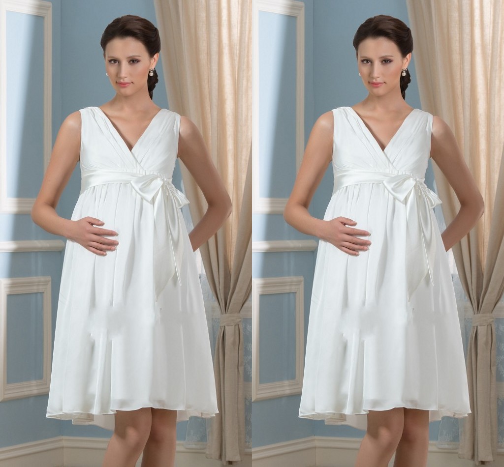 

New Pregnant V-neck Sash Wedding Dresses 2017 Empire Knee-Length Bridal Gowns Vestido De Noiva Wedding Dress Summer Maternity Women Dress, Multicolor