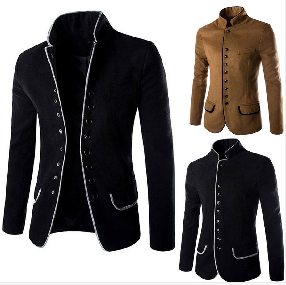 Wool Blends Blazer Suits Men Stand Collar Single Breasted Flanger Design 2017 Two Pockets Fashion Mens Dress Blazers Free Shipping
