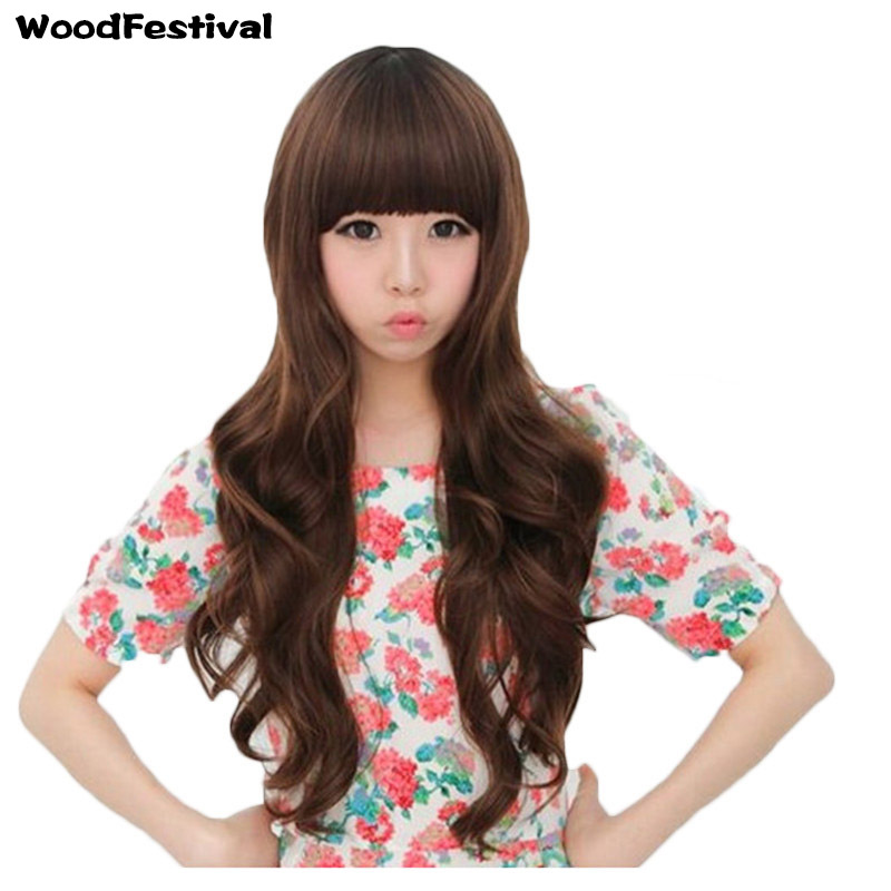 

WoodFestival long wavy wig neat bangs brown black synthetic wigs curly natural fiber hair fashion, Dark brown