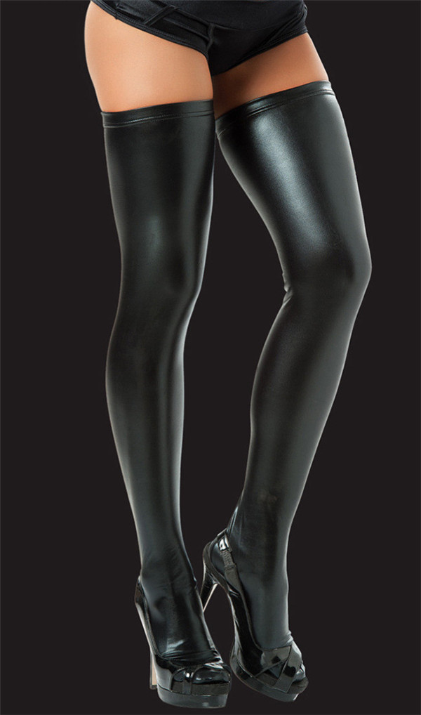 

Wholesale-Sexy Lingerie Women Black Red White PVC Faux Leather Stockings Lady's Latex Thigh High Stockings Clubwear Meias Length 90cm