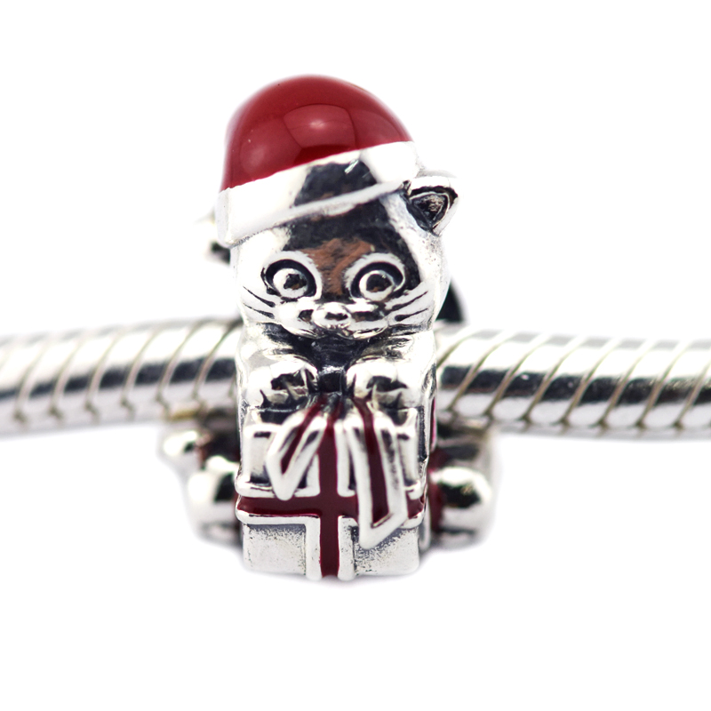 Noël chaton Berry émail rouge avec perle présente convient à Pandora Bracelet Collier DIY Original 925 Bijoux En Argent Pour Femme Wholeasle