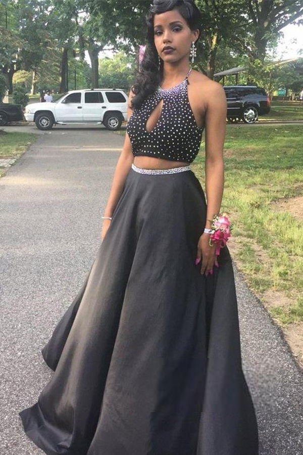 

Keyhole Sleeveless Beads Floor-length A-line Two-Piece Sexy Prom Dress Halter Neckline with Crystals Grey Satin Evening Gowns Open Back, Red