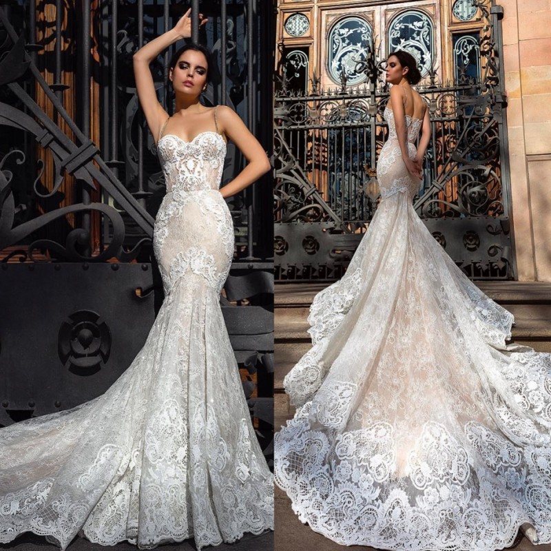 

Sexy Mermaid Wedding Dress Spaghetti Sleeveless Full Lace Appliqued Backless Sweep Train Sheer Beach Wedding Dresses Bridal Gowns, White