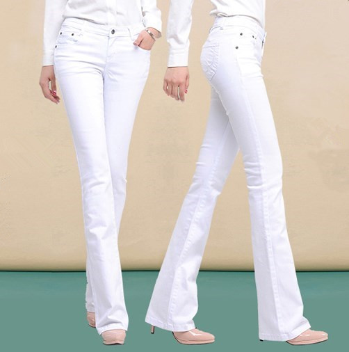 

Wholesale- Spring Autumn Skinny High Waist Jeans Pants Long Korean Fashion Stretch Flared Boot Cut Jeans Women Black White