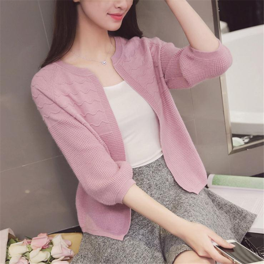 

Wholesale- 2016 New Casual Autumn Winter Knitted Sweaters Women Three Quarter Sleeve Short Cardigan O-Neck Casual Solid Sweaters Lady, Gray