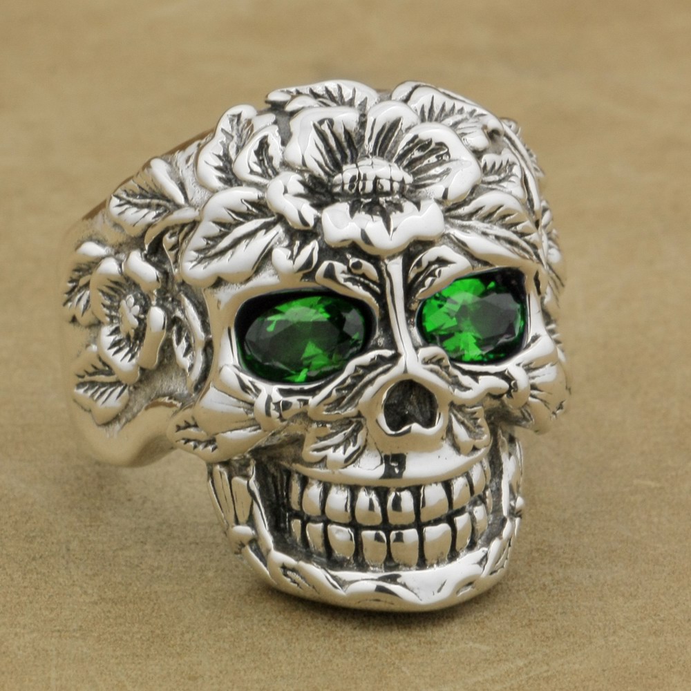 

LINSION 925 Sterling Silver Flower Skull Ring Green CZ Eyes Mens Biker Rock Punk Style 9W305 US Size 7~15
