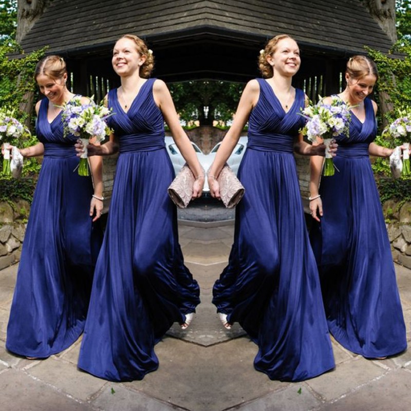 Simple Navy V-neck Bridesmaid Dresses Elegant Ruched Sleeveless Zipper Chiffon Floor Length Wedding Party Dresses Cheap Pageant Prom Dresses