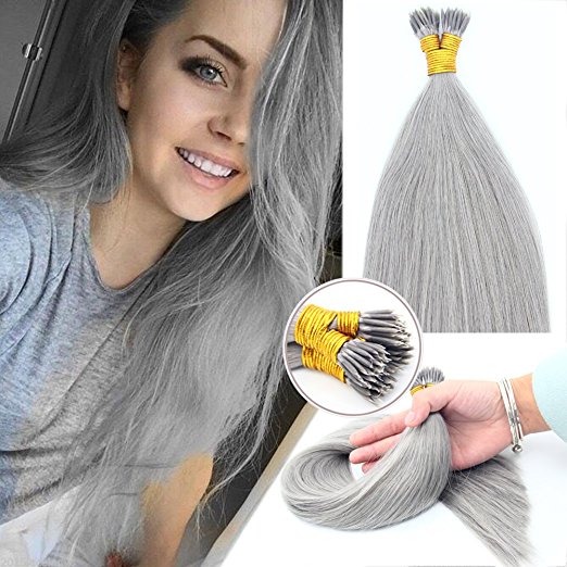 

Thick Pre Bonded Nano Ring Human Hair 1g/strand 100 strands /lot 14''-28'' Stick Tip Keratin Fusion Double Drawn Remy Human Hair Extensions, Grey