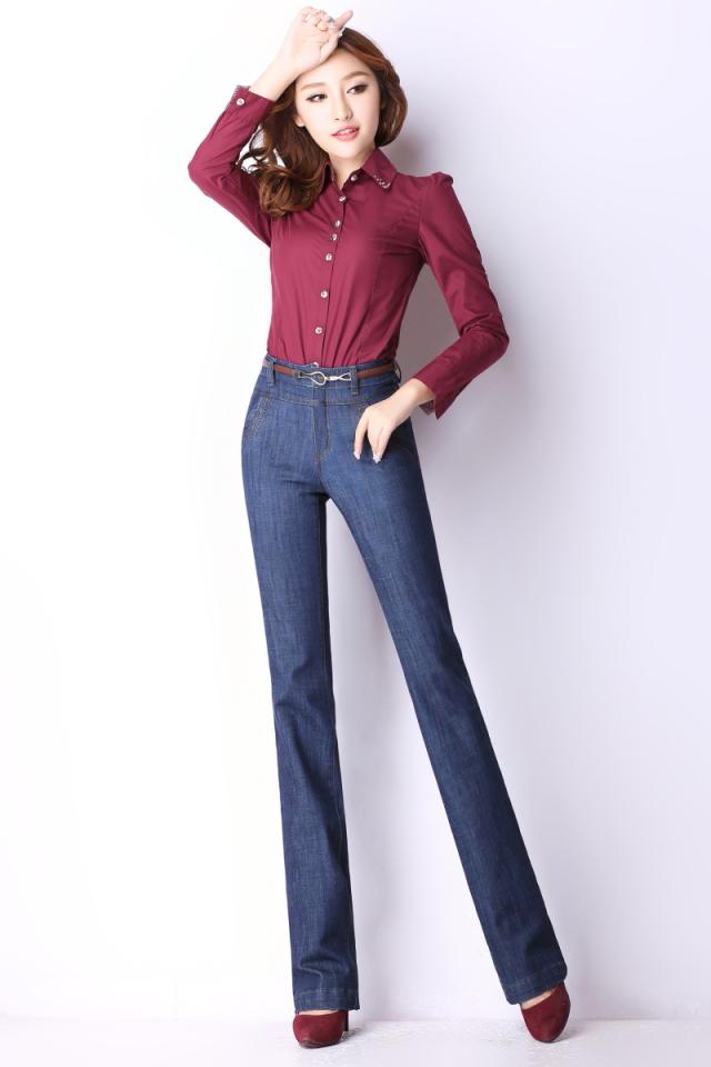 

Wholesale- Free Shipping 2015 Women autumn wide leg pants fashion boot cut jeans long Flares trousers Female Extra Large Size Jeans -40, Dark blue 09
