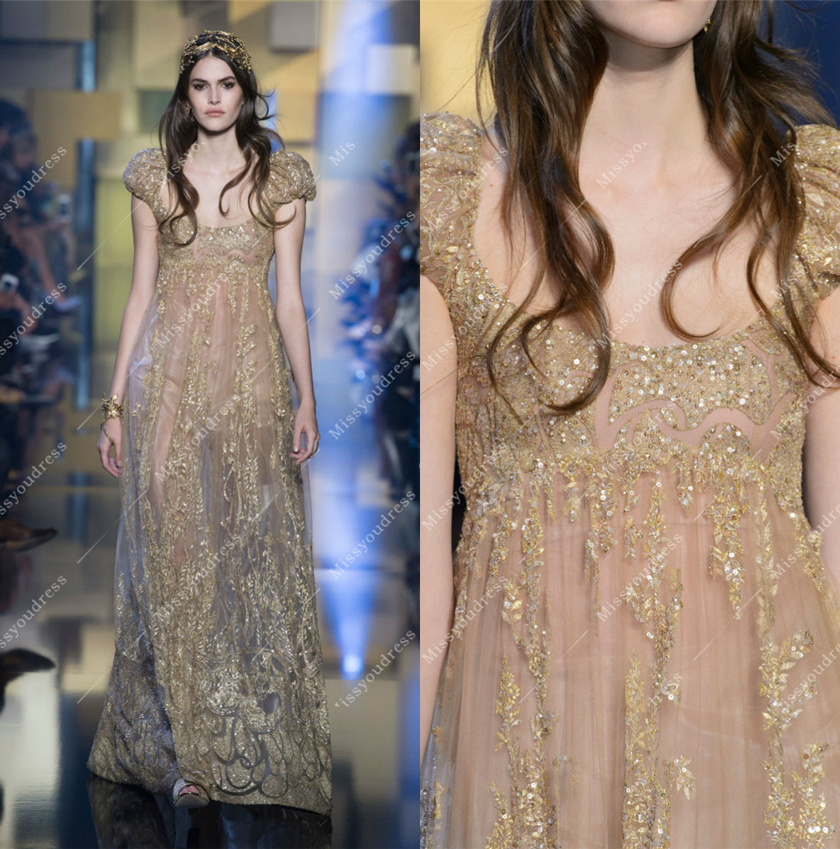 

Gorgeous Gold Elie Saab Dresses Evening Wear Scoop Neck Backless Prom Dress Beads Formal Runway Fashion Gowns New Arrival, Nude