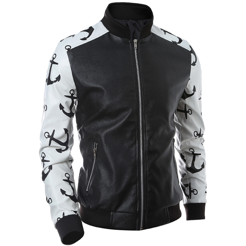 

Wholesale- New Style Mens Faux Fux Leather Jacket Male Coat Red White Sleeve Patchwork Designs Stand Collar Slim Fit Motorcycle Jackets Men