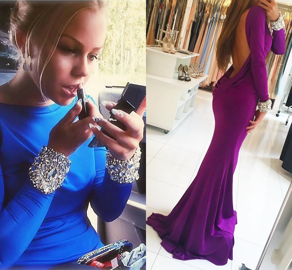 

Purple Backless Mermaid Prom Dresses Bateau Neck Long Sleeves Crystal Beaded Spandex Royal Blue Evening Gowns Formal Dresses, Champagne