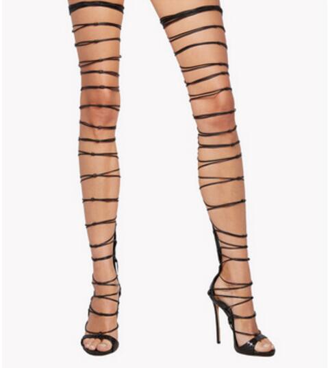 

2017 summer over knee high boots print leather gladiator sandals boots women lace up booties mujer botas thin heel cuts out party shoes, Multi