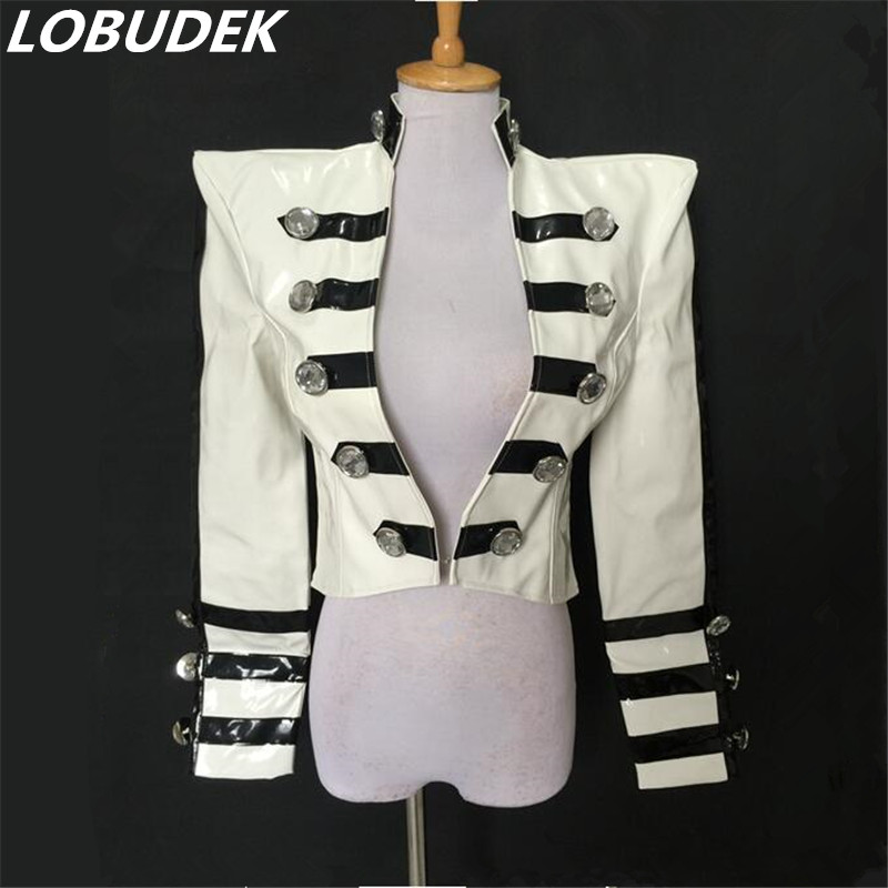 

Female leather short jacket coat tide slim outerwear singer prom show stage costume dance white performance clothing personality bar costume