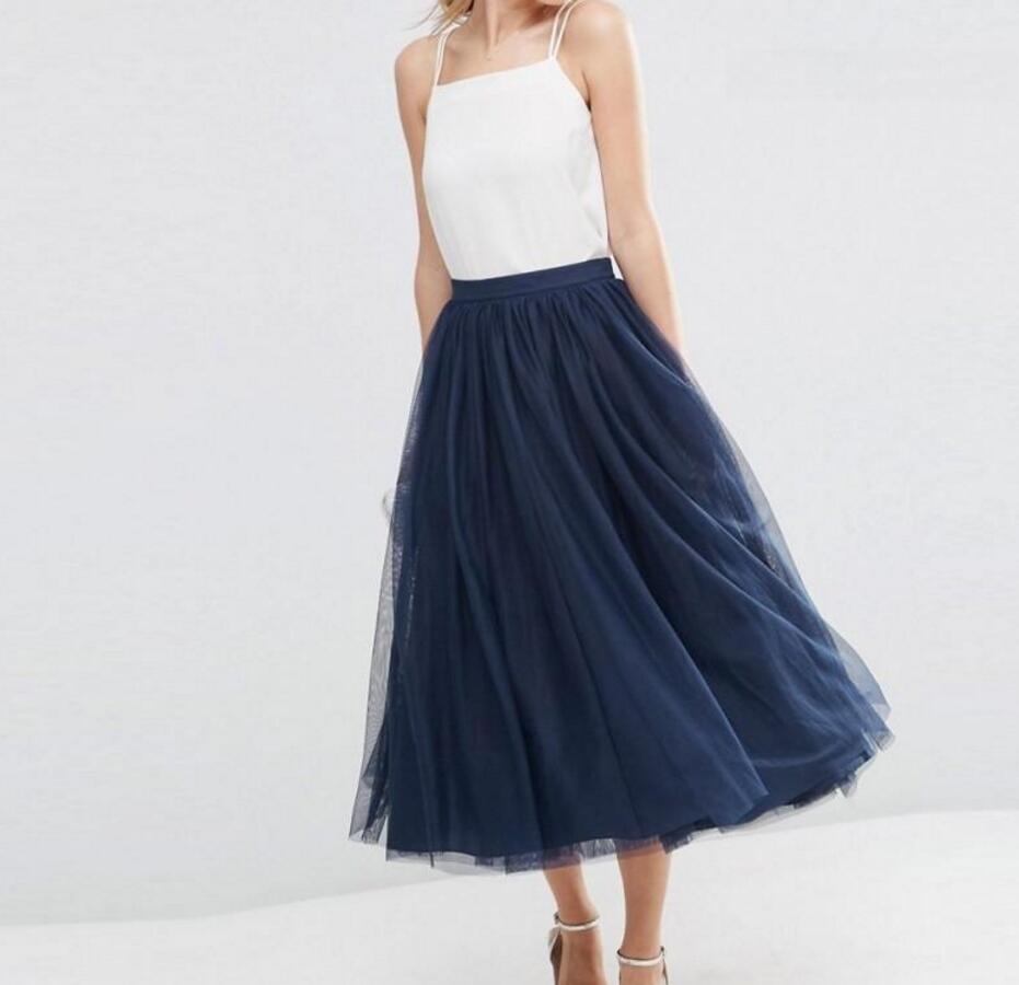 Fashion Navy Blue Long Skirt Zipper Waistline Length Skirt Personalized Layers Smooth Tulle Skirts Women Casual Style-image-393719526