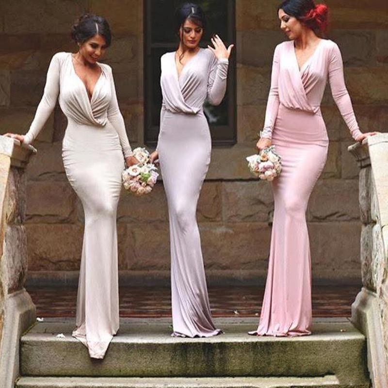 

Custom Made Sexy Cheap Sheath Bridesmaid Dress With Long Sleeves New Fashion V-Neck Floor Length Gorgeous Maid Of Honor Gowns