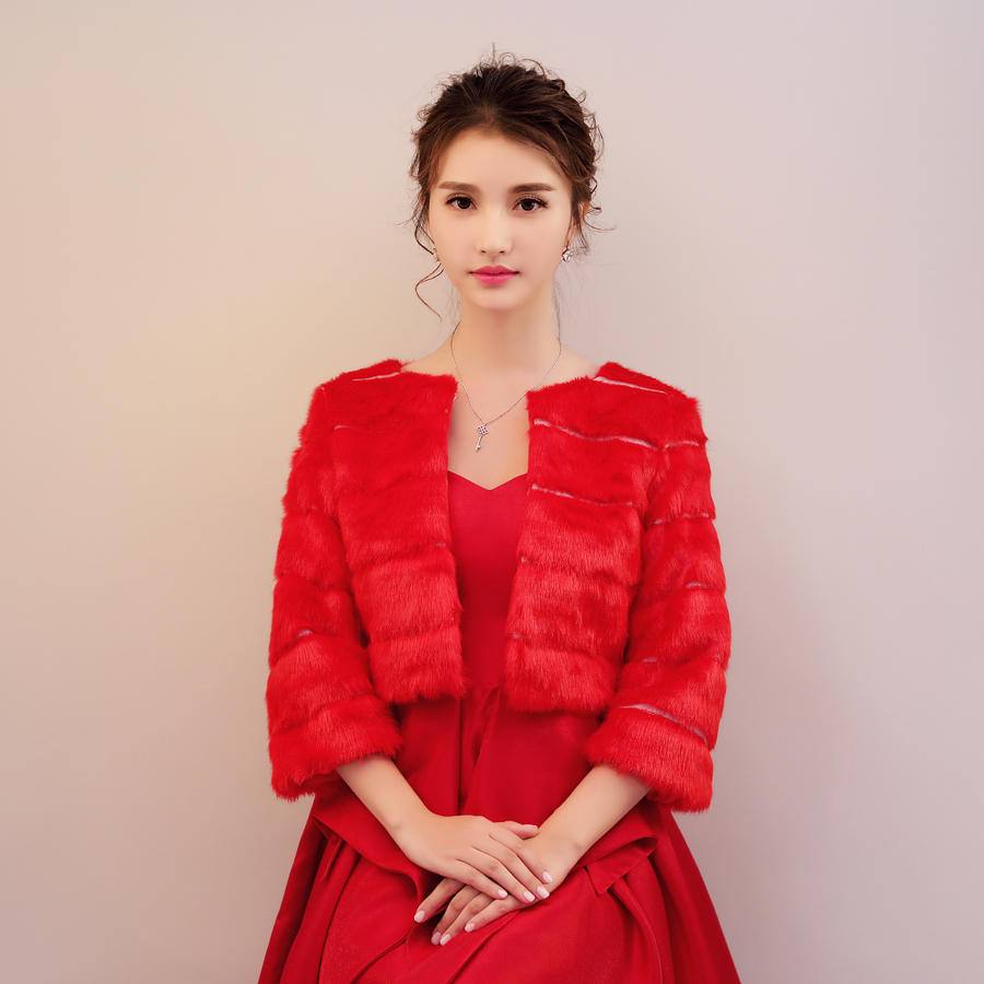 

2019 Women Wedding Red Shawls 3/4 Long Sleeves Jackets Winter Warm Elegant Strips Hot Cheap Wholesale Bridal Bolero