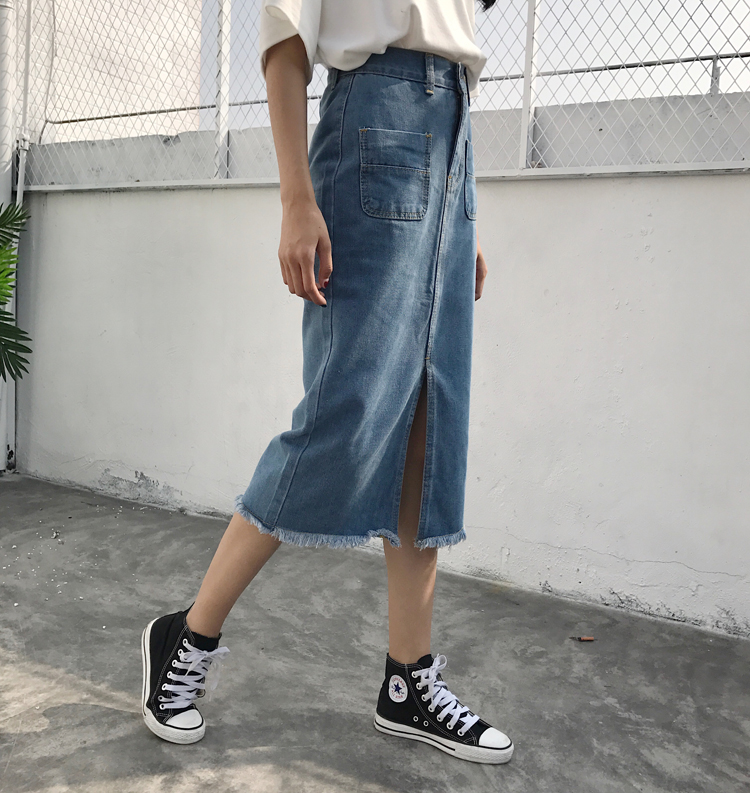 Jupe longue en Denim pour femmes, nouvelle mode Chic, décontractée, fendue, moulante, avec poches, bleu clair, JHJ