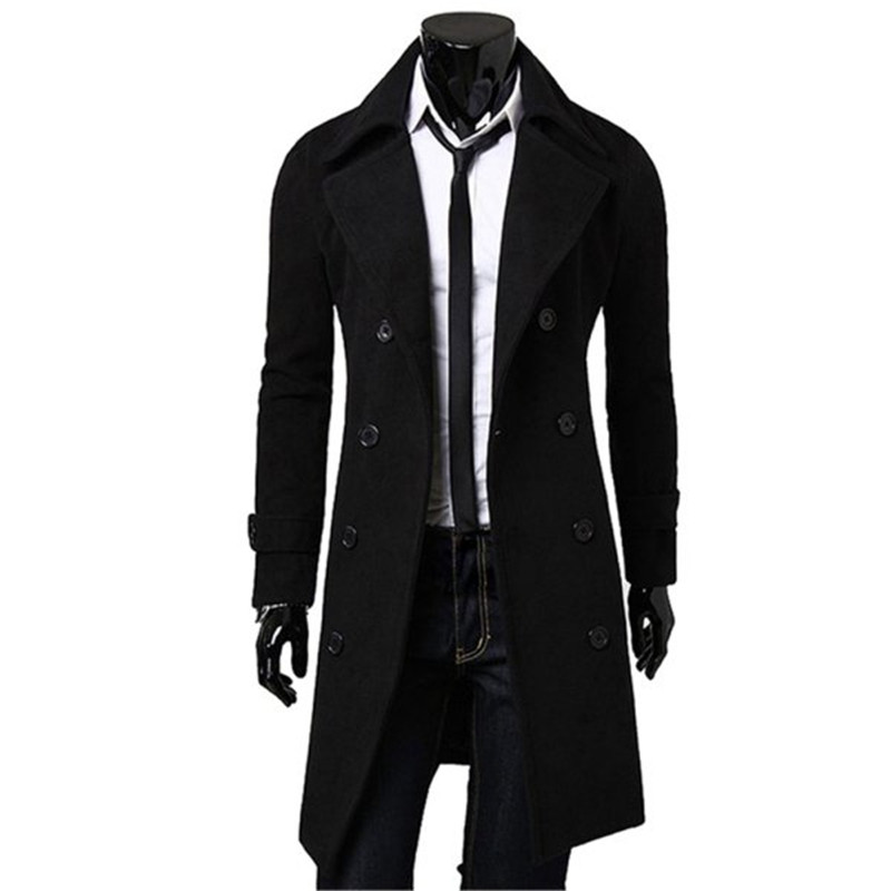 

Wholesale- Men Outwear Slim Stylish Trench Coat Winter Long Jacket Double Breasted Overcoat Woolen Coat