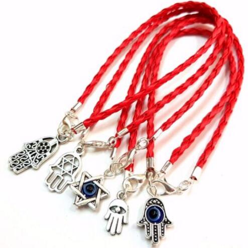 

100Pcs Vintage Silver Kabbalah Evil Eye Protection Hamsa Hand Star Bracelets Charms Woven Leather Cuff Bracelet Bangles Jewelry Gift Punk