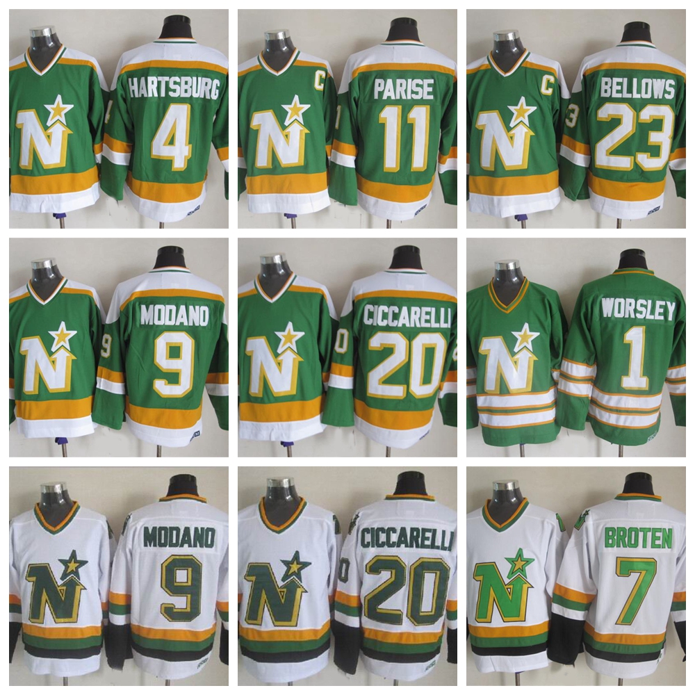 

Vintage Minnesota North Stars Hockey Jerseys 9 Mike Modano 20 Dino Ciccarelli 11 JP PARISE 4 Craig Hartsburg 7 Neal Broten 23 Brian Bellows 30 Jon Casey Jersey Mens, 20 green new