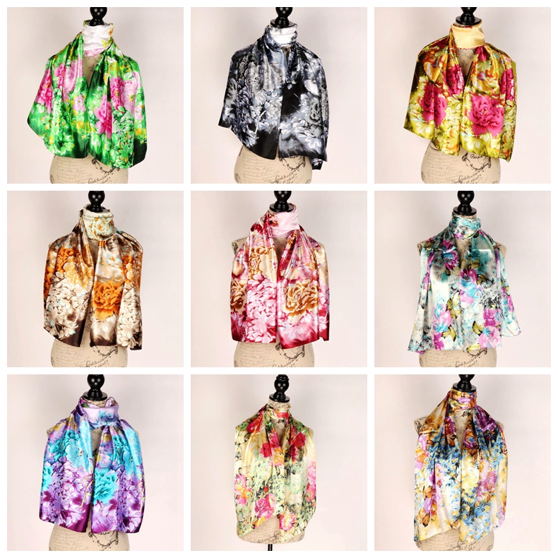 

9Colors Sky Blue Pony Purple Scarves Lavender Leaves Women's Fashion Satin Oil Painting Long Wrap Shawl Beach Silk Scarf 160X50cm