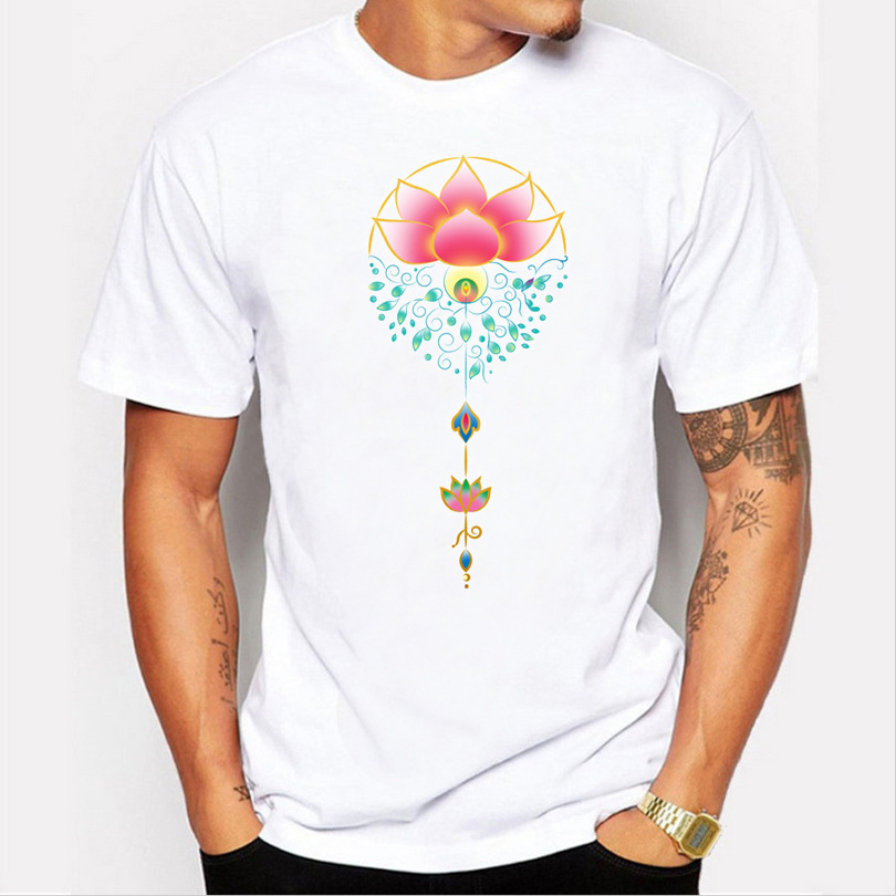 

new arrivals mens fashion abstract lotus printed t shirt cool summer tops high quality casual tee, White