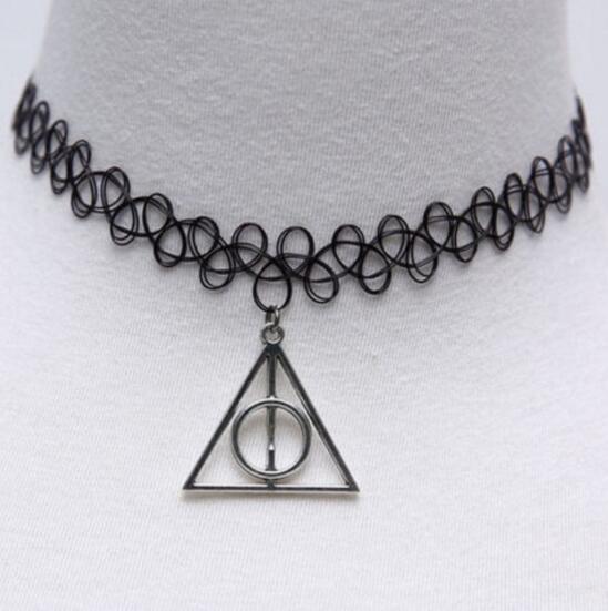 

10PCS Vintage Silver Tattoo Choker Stretch Charms Choker Deathly Hallows rotation Statement Necklaces Pendants Women Gifts Accessories U70