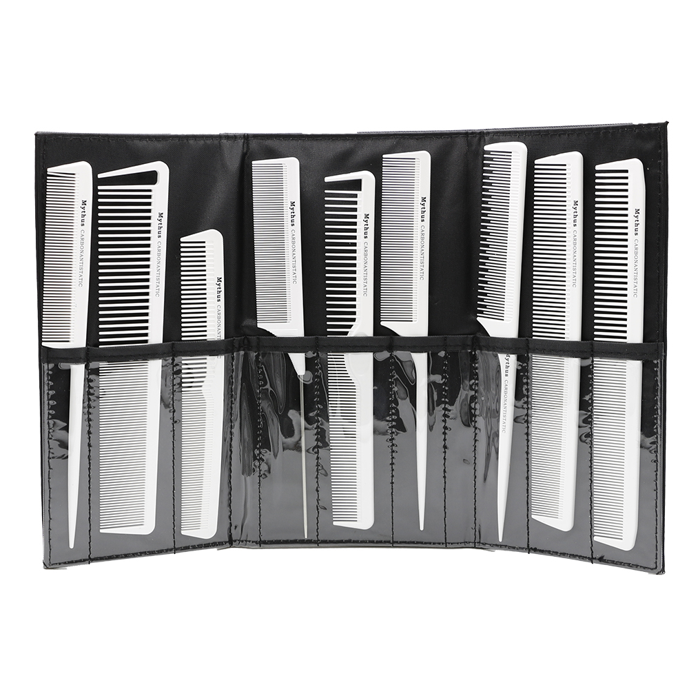 

M-09 White Stylish Haircut Comb Heat Resistant Carbon Comb For Barbers 9 Pcs Hair Comb Set With Black Bag