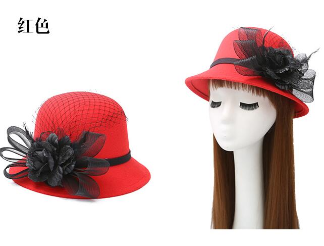 

2019 hot sale party hats Autumn and winter aristocratic gauze feathers big flower hat ladies woolen hat for ladies, White