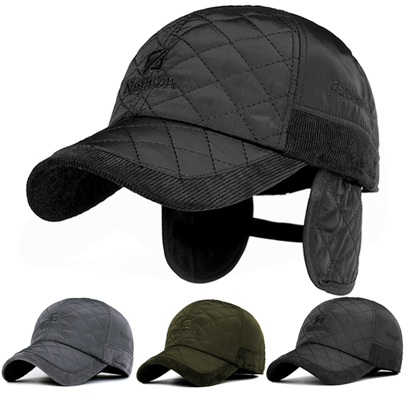 

Wholesale- Fashion Warm Men's Winter Baseball Cap Snapback Black plaid Bone Baseball cap Trucker Mens Hats Ear Flaps Casual hat gorro, As picture