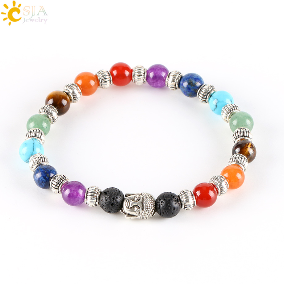 

CSJA 7 Chakra Tibetan Silver Plated Bracelet for Women Black Lava Jade Beads Reiki Buddha Prayer Natural Stone Yoga Jewelry E282