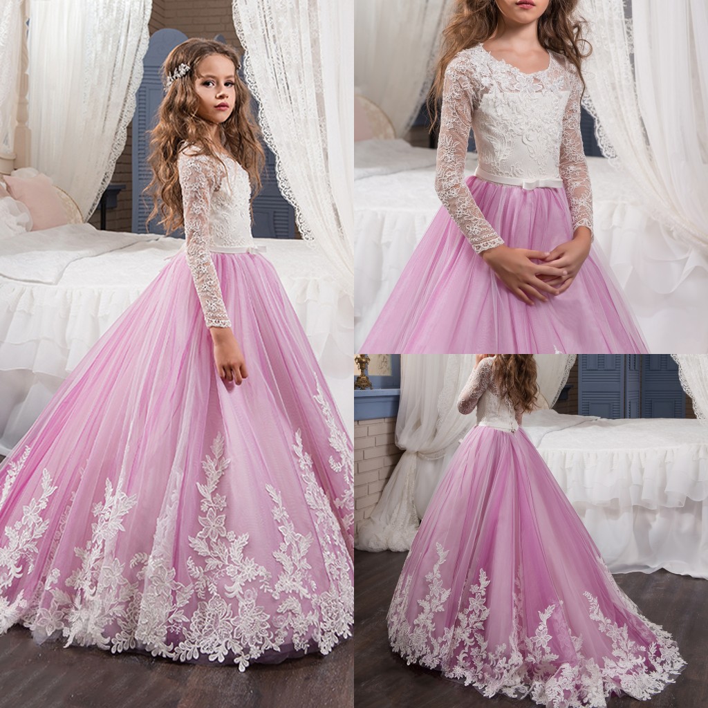 2021 Pink Flower Girls Dresses Round Neck Long Sleeve A Line Appliques Lace Belt Girls Pageant Dress For Wedding Birthday Party Gowns-image-400722116