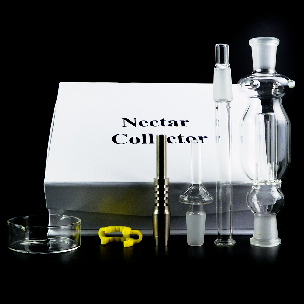 

High Quality 14mm Joint Mini Nector Collector 2mm Thick Black Or Red Or White Hookahs Kits Glass Dab Rigs & Titanium Nail Water Pipes Straw with Box