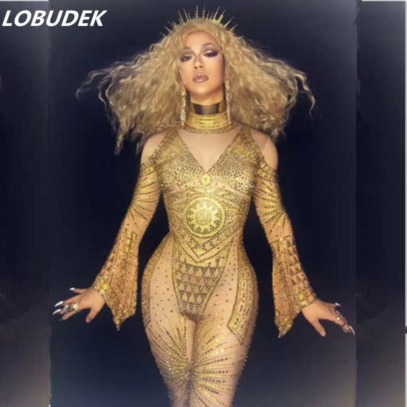 Bright Crystals female costume sexy Jumpsuit Bodysuit gold Rhinestones Outfit for singer dancer nightclub Stag Party bar Prom performance-image-404388401