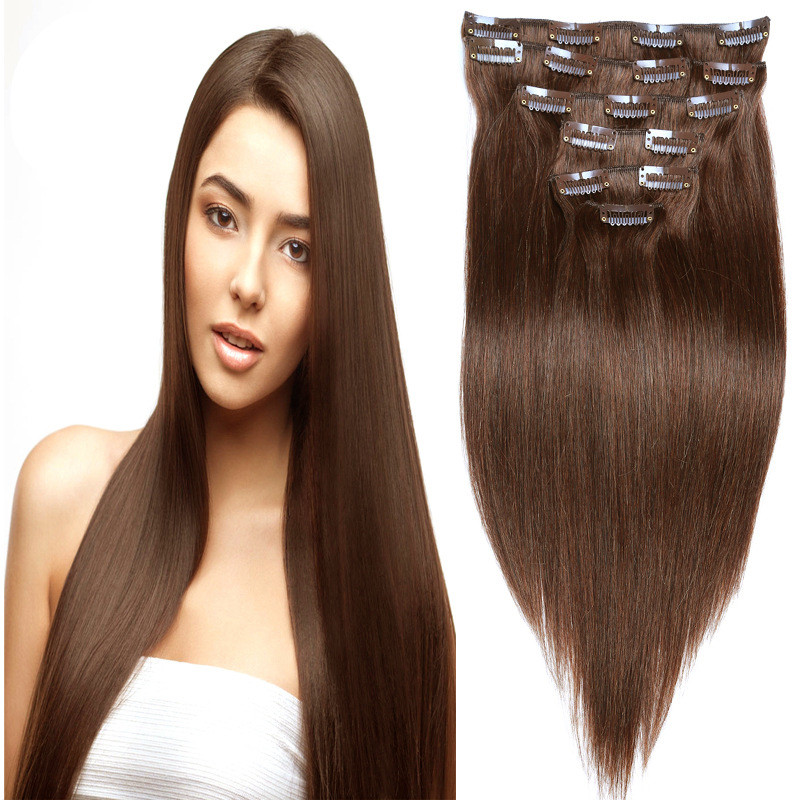 

Top Quality Brown Color 4# Clip In Human Hair Extesnison 70g 100g 120g 16''-26'' Virgin Silk straight wave hair, Free DHL, Brwon color 70g