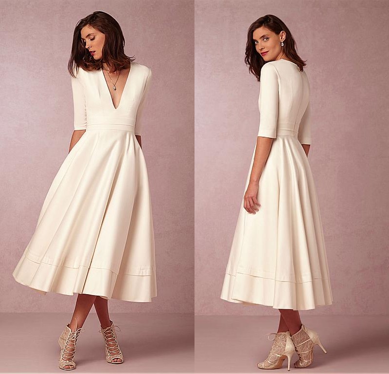 

2020 Fabulous Taffeta Satin V-neck Neckline A-line Wedding Dresses Vintage Half Sleeves Tea Length Wedding Dress Cheap Short Bridal Gowns, Gold