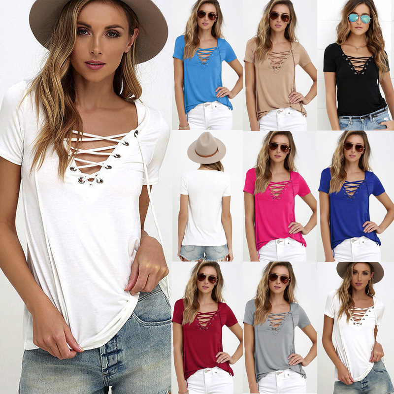 5XL Grande Taille 2017 SUmmer Nouvelle Mode Sexy Col En V Solide Couleur T Shirt Pour Femmes Tops T-shirt En Gros Livraison Gratuite