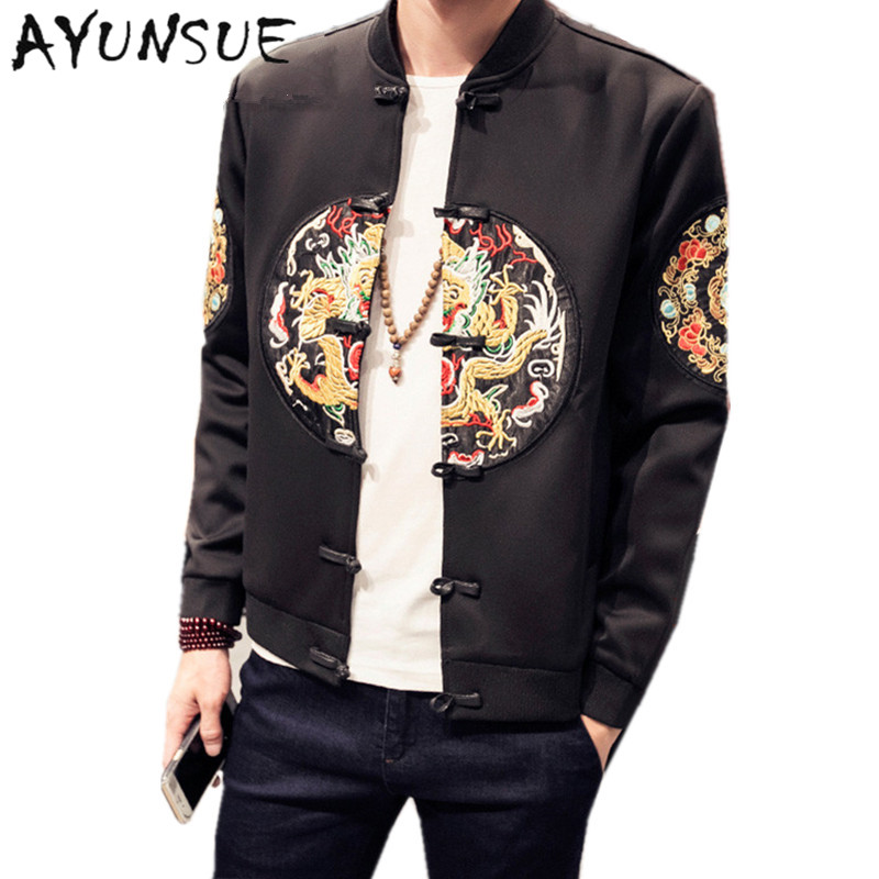 Wholesale- Black Chinese Style Casual Baseball Jacket Mens Jackets And Coats Bomber Jacket Men's Spring Autumn Embroidery Clothing FYY287