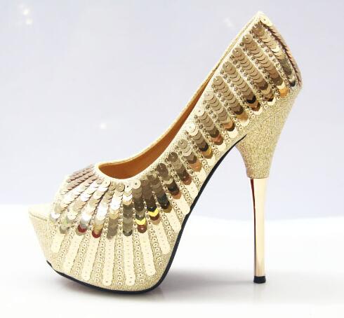 

2017 Sexy Women High Heel Pumps Fish Mouth Summer Shoes Gold Black Color Sequins Decoration Open Toe High-heels Woman Shoes 14cm