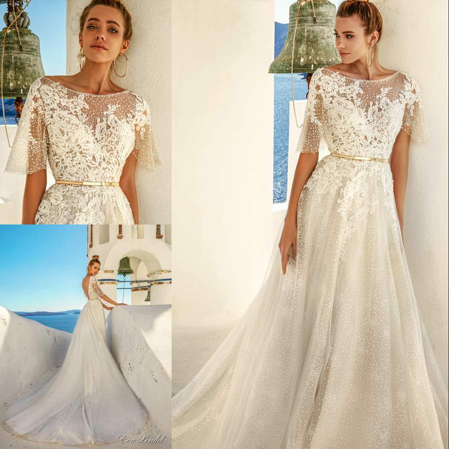

amazing lace backless wedding dresses sheer bateau neck aline applique bohemia bridal gowns tulle sweep train beach wedding dress, Champagne