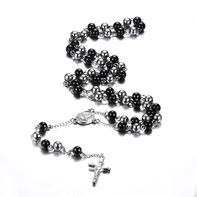 

Fashion Black&Silver Color Rosary Necklace Stainless Steel Long Necklace Jewelry