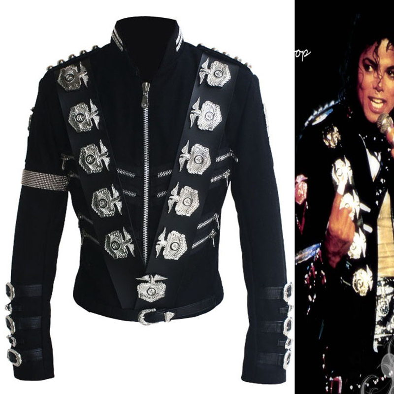 

Wholesale- Rare MJ Michael Jackson BAD Black Classic Jacket With Silver Eagle Badges Punk Metal Fashion Badge woolen Clothing Show Gift, As pic