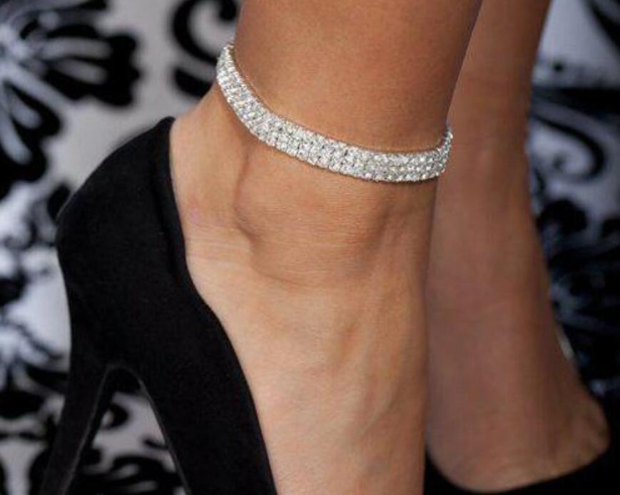 

3 Row Sparkly Crystal Rhinestone Stretch Ankle Chain Sexy Anklet Bridal Wedding Accessories Wholesale Barefoot Jewelry for Women
