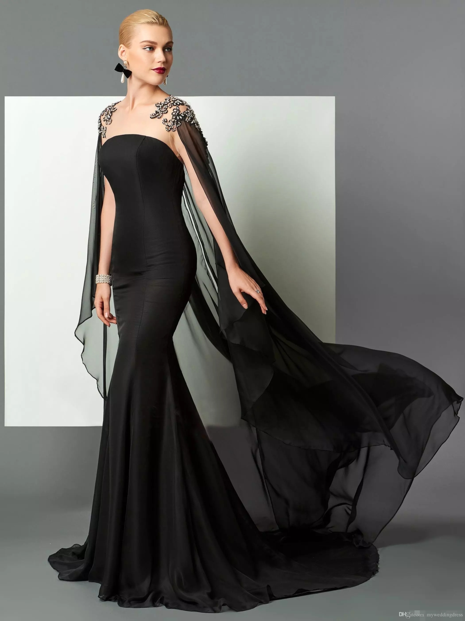 

Jewel Neck Black Lace Beaded Chiffon Mermaid Evening Dresses With Wrap Formal Wear Prom Party Dress Formal Special Occasion Gowns, Hunter green