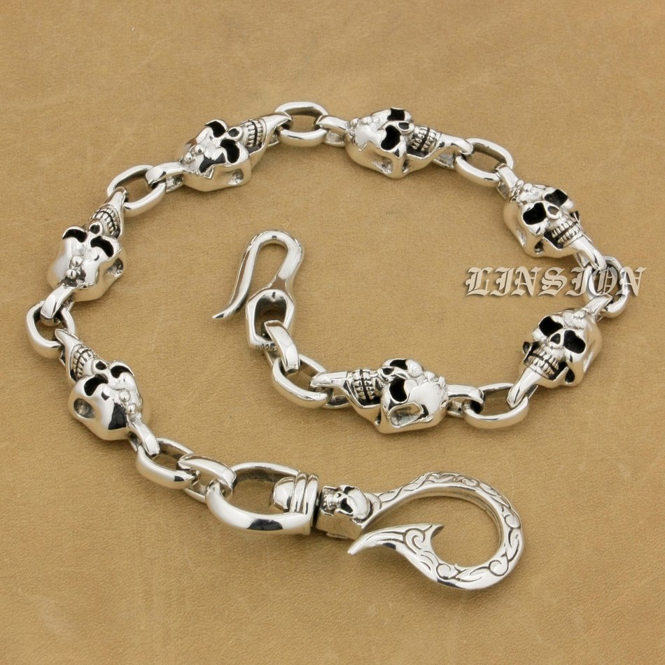 

LINSION 925 Sterling Silver SKull Fish Hook Mens Biker Rocker Punk KeyChain 9T014
