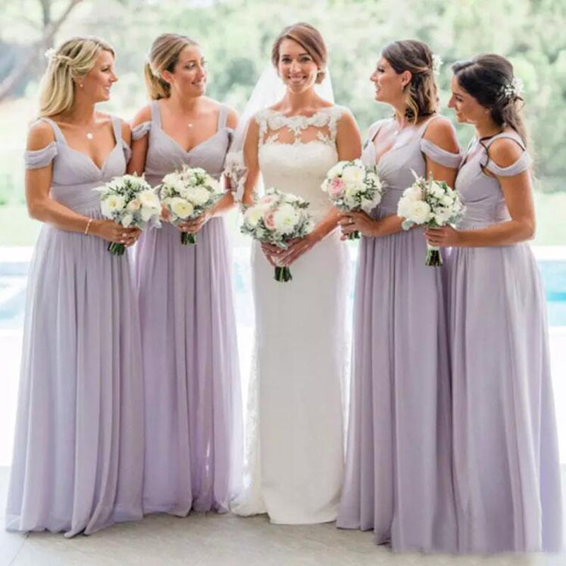 

Stunning 2017 Lavender Chiffon Bridesmaid Dresses Elegant Off Shoulder Straps Ruched Bodice A Line Country Wedding Guest Dresses Custom Made