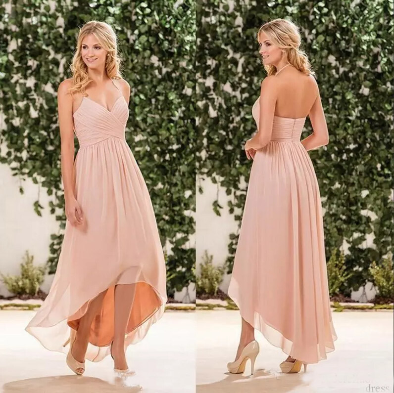 

2017 Cheap Beach Peach Pink Bridesmaid Dresses Chiffon Halter High Low Party Dress Plus Size Maid of Honor Gowns, Green