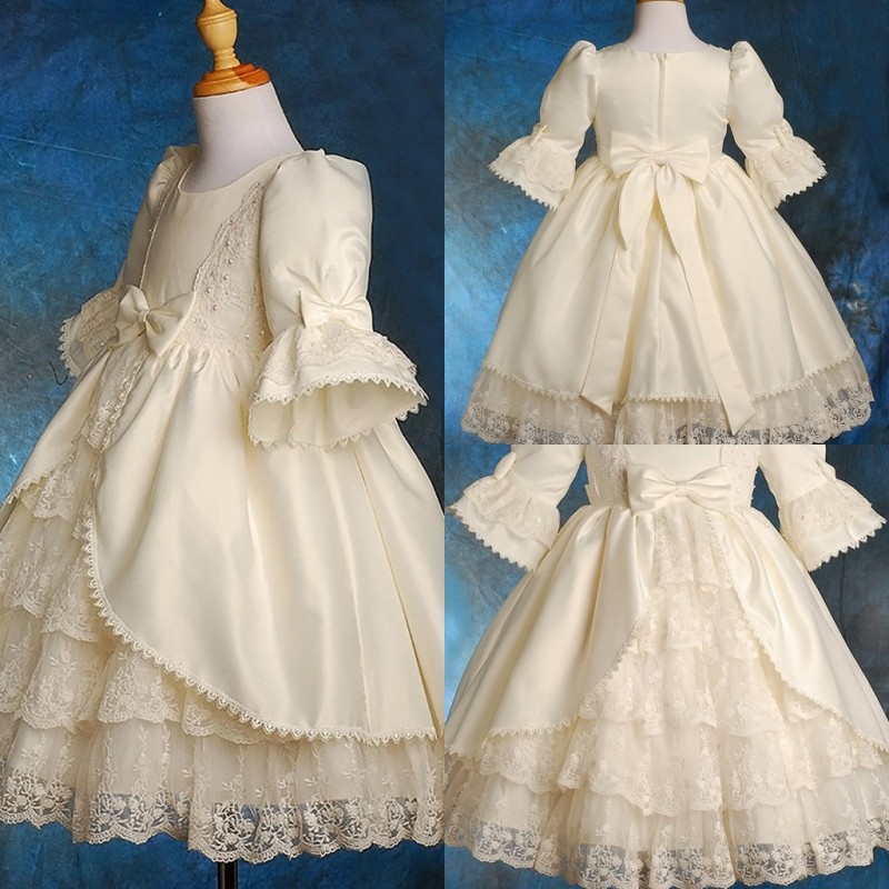 

Vintage Gothic Christening Dress Tiered Lace Baby Gowns With Long Sleeves Sequins Infant Baptism Outfits Custom Made, Light sky blue