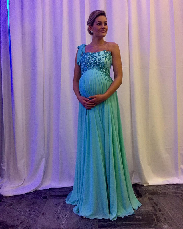 

One Shoulder Maternity Evening Dresses Sweep Train Applique Beaded Empire Teal Chiffon Formal Prom Party Gowns Vestido de Festa 2019 E233, Red